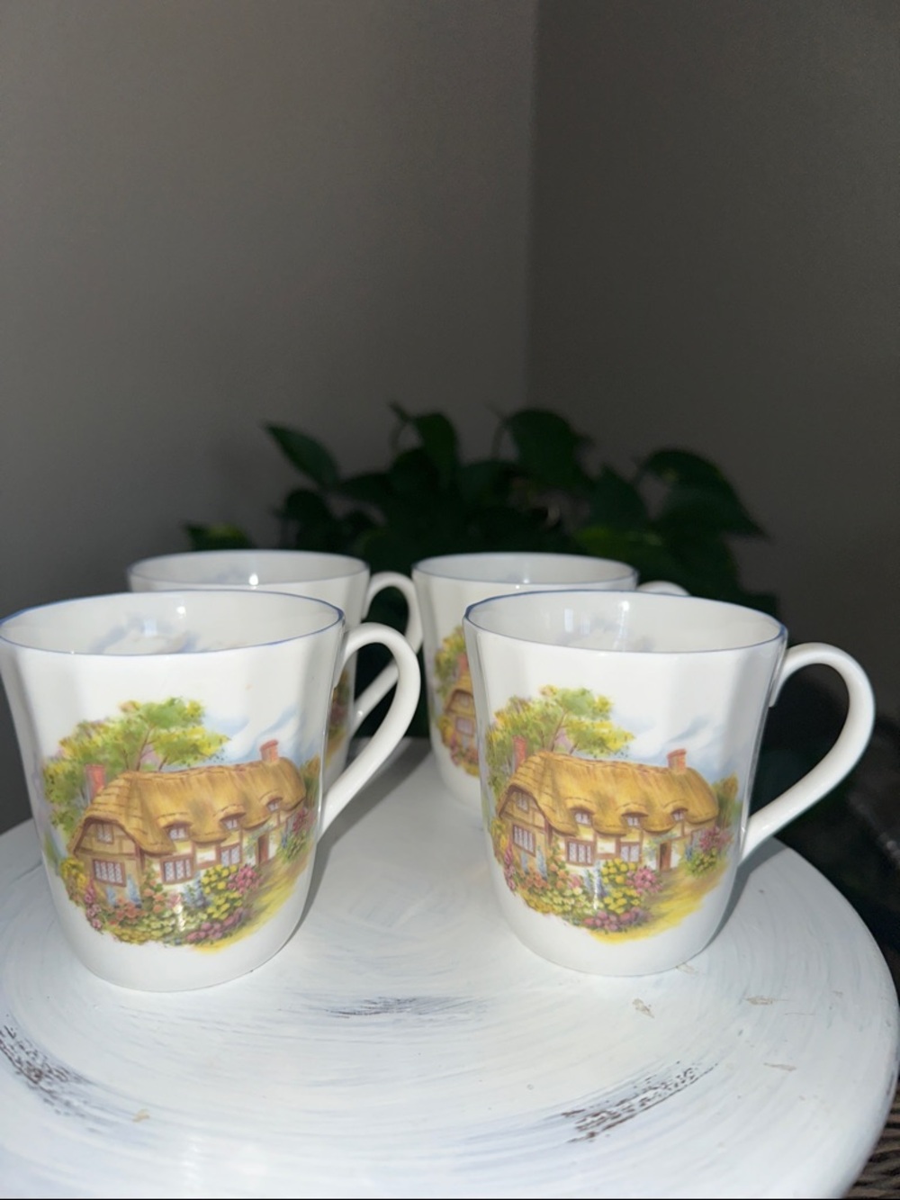 White Bone China Tea Cups with Cottage Illustration - Set of 4